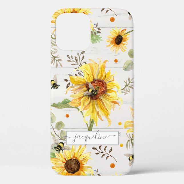 Sunflower Gray Yellow Bumble Bee Rustic Script Case-Mate iPhone Case (Back)