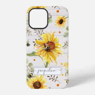 Sunflower Gray Yellow Bumble Bee Rustic Script iPhone 12 Pro Case