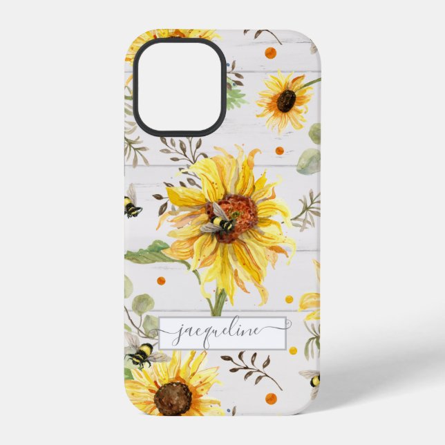 Sunflower Gray Yellow Bumble Bee Rustic Script Iphone Case (Back)