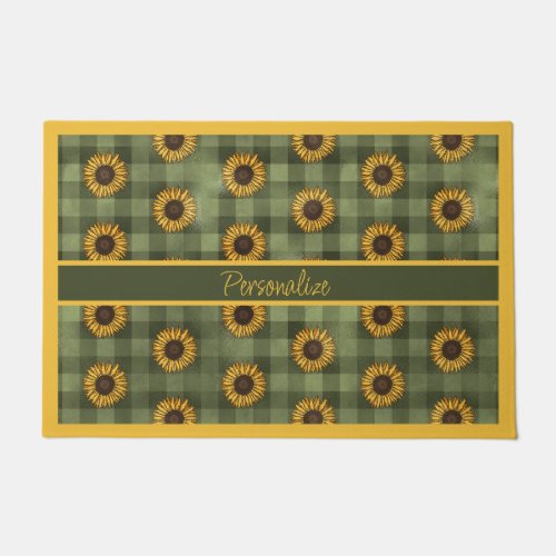 Sunflower Green Buffalo Plaid Gingham Personalized Doormat