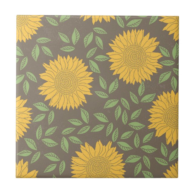 Sunflower Green Leaves Pretty Flowers Natural Ceramic Tile (Front)