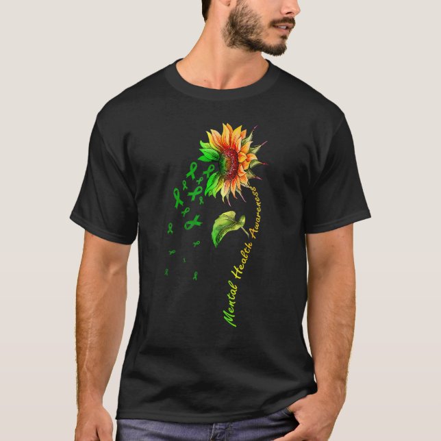 Sunflower Green Ribbon Support Mental Health Aware T-Shirt (Front)