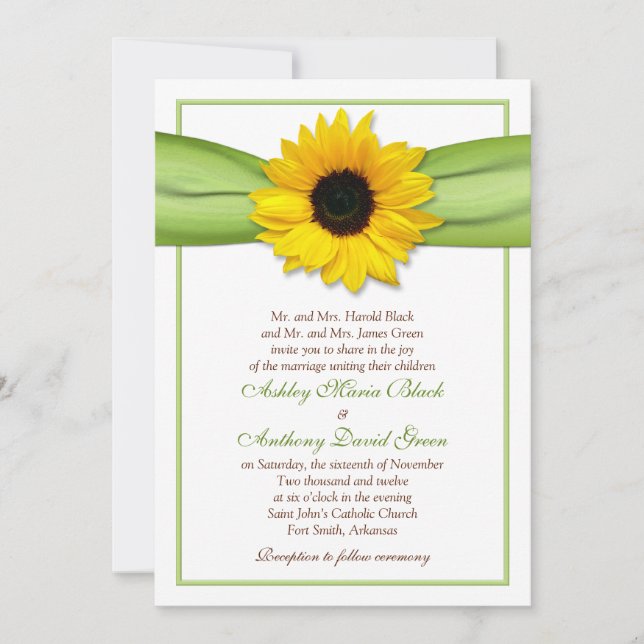 Sunflower Green Ribbon Wedding Invitation (Front)