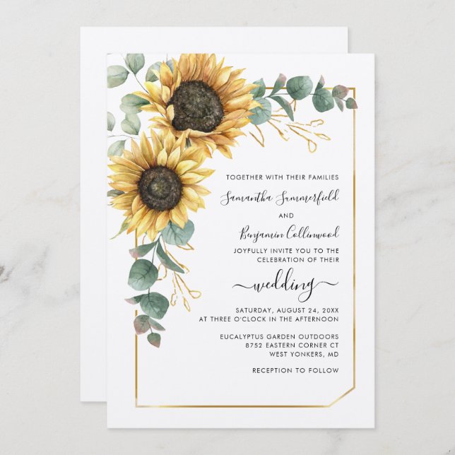 Sunflower Greenery Botanical Geometric Wedding Invitation (Front/Back)