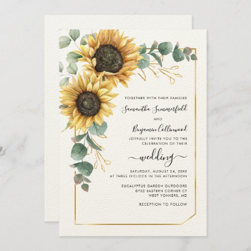 Sunflower Greenery Botanical Geometric Wedding Invitation