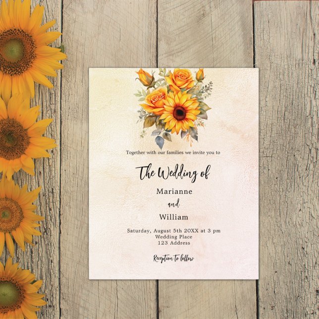 Sunflower greenery budget wedding invitation (Creator Uploaded)