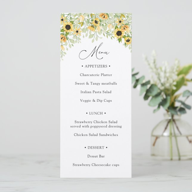 Sunflower Greenery Calligraphy Menu Invitation (Standing Front)
