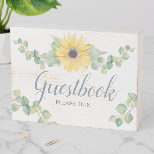 Sunflower Greenery Eucalyptus Wedding Guestbook Wooden Box Sign (In Situ Horizontal)