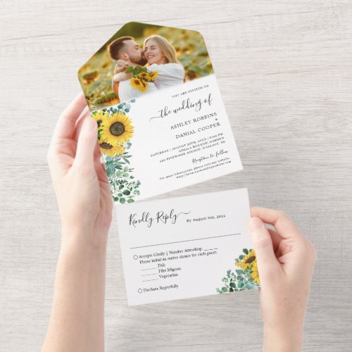 Sunflower Greenery Eucalyptus Wedding Photo All In One Invitation - These "Bright Sunflower Greenery Eucalyptus Photo Wedding All in One Invitations" are designed with an easy to tear off perforated RSVP postcard. Just simply fold each card into the outlined shape, and then seal and send - no envelope needed for shipping.