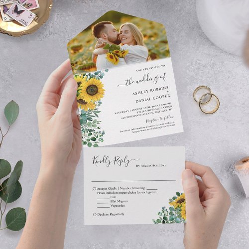 Sunflower Greenery Eucalyptus Wedding Photo All In One Invitation