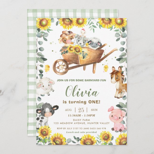 Sunflower Greenery Farm Animals Barnyard Birthday Invitation (Front/Back)