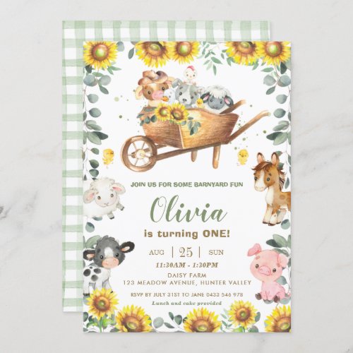 Sunflower Greenery Farm Animals Barnyard Birthday Invitation