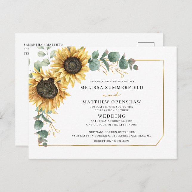 Sunflower Greenery Geometric Wedding Invitation Postcard (Front/Back)
