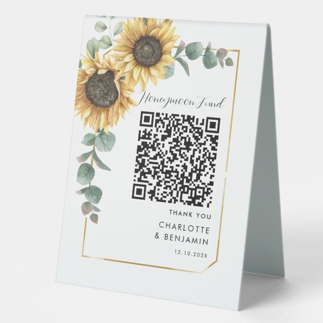 Sunflower Greenery Honeymoon Fund QR Code Wedding Table Tent (Front)