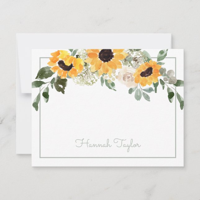 Sunflower Greenery Personalized Name Note Card (Front)
