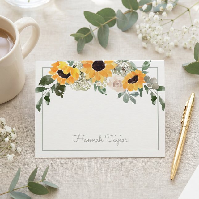 Sunflower Greenery Personalized Name Note Card (Creator Uploaded)