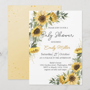Sunflower Greenery Watercolor Baby Shower  Invitation