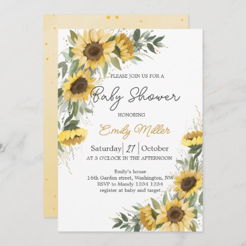 Sunflower Greenery Watercolor Baby Shower  Invitation