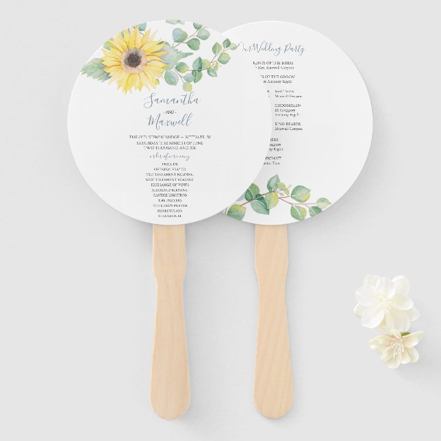 Sunflower Greenery Watercolor Wedding Program Fan (Front and Back)