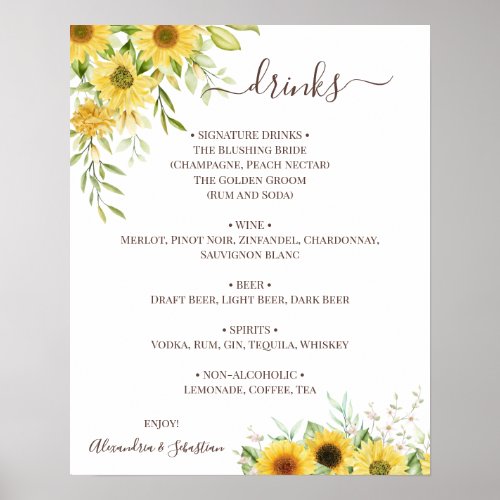 Sunflower Greenery Wedding Drinks Menu Sign