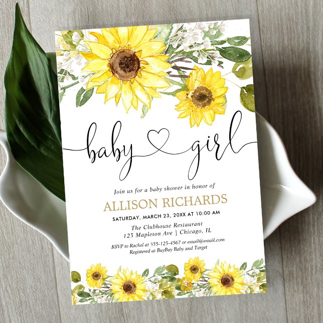 Sunflower greenery white yellow girl baby shower invitation