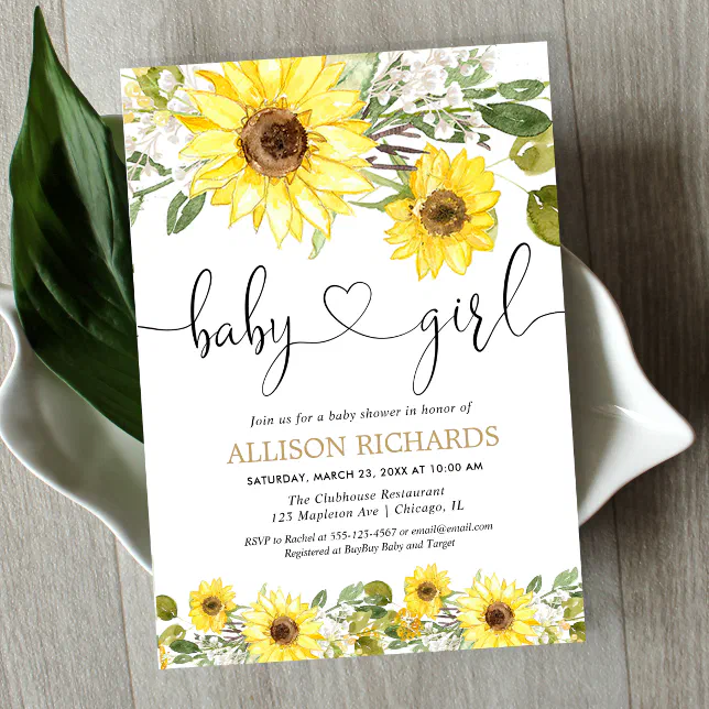 Sunflower greenery white yellow girl baby shower invitation | Zazzle