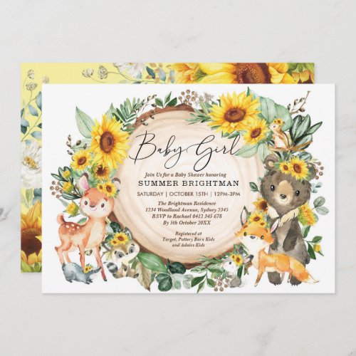 Sunflower Greenery Woodland Animals Baby Shower Invitation