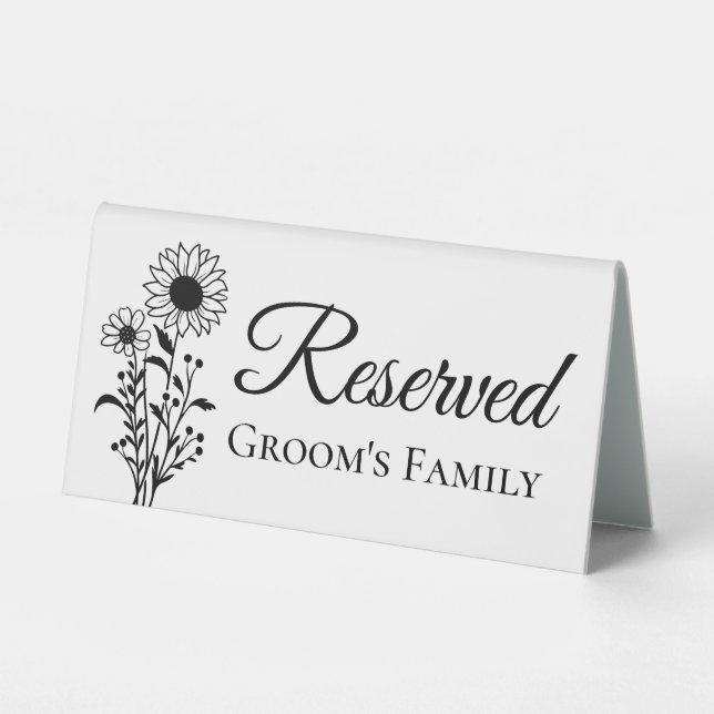 Sunflower Groom's Family Reserved – Rustic Floral Table Tent (Front)