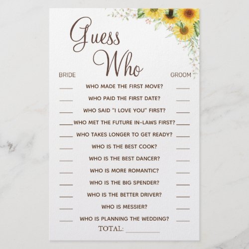 Sunflower Guess Who Bridal shower game card Flyer