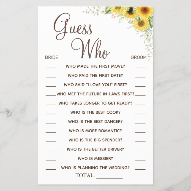 Sunflower Guess Who Bridal shower game card Flyer (Front)