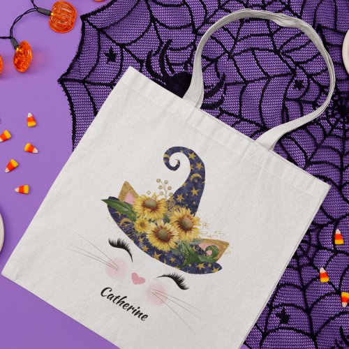Sunflower Halloween Witch Cat Kitty Personalized Tote Bag