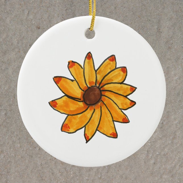 Sunflower Hand Drawn Ink Yellow Ceramic Ornament (An ornament featuring a hand drawn sunflower done in marker and ink.)