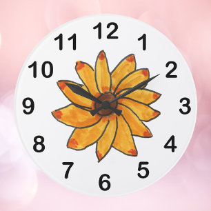 Sunflower Hand Drawn Yellow Large Clock