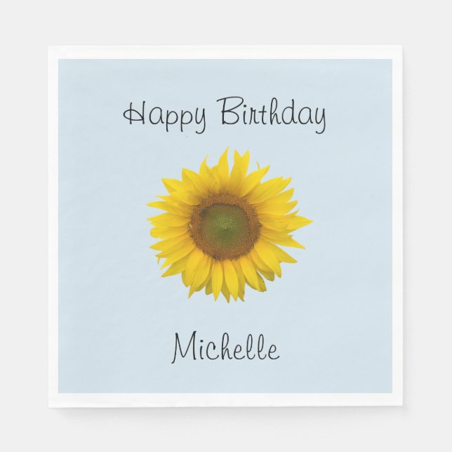 Sunflower Happy Birthday Blue Custom Napkins (Front)