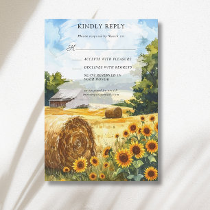 Sunflower Hay Bales Wooden House Country Wedding RSVP Card