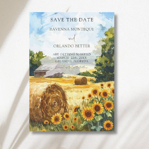 Sunflower Hay Bales Wooden House Country Wedding Save The Date