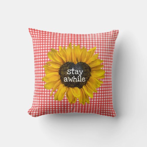 Sunflower Heart on Gingham Throw Pillow