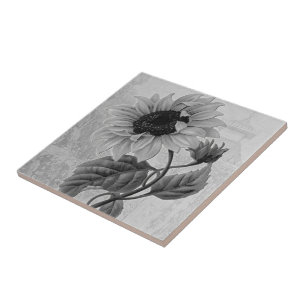 Sunflower Helianthus Monochrome Ceramic Tile