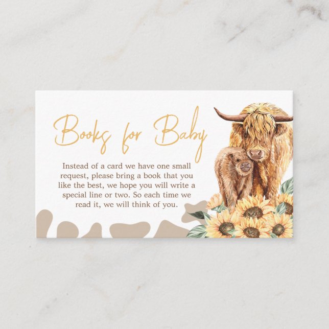 Sunflower Highland Cow Baby Shower Books for Baby Enclosure Card (Front)