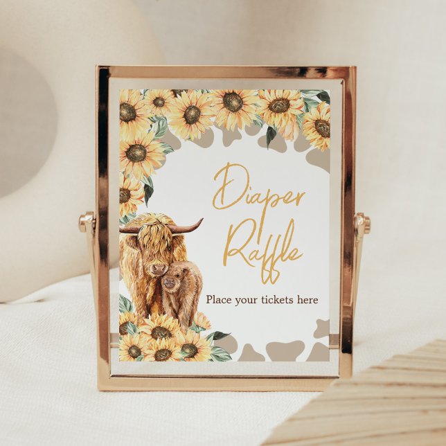 Sunflower Highland Cow Baby Shower Diaper Raffle Poster (Summer Holy Cow Baby Shower Diaper Raffle Sign)