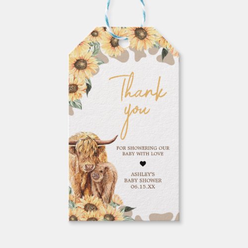 Sunflower Highland Cow Baby Shower Favor Tags