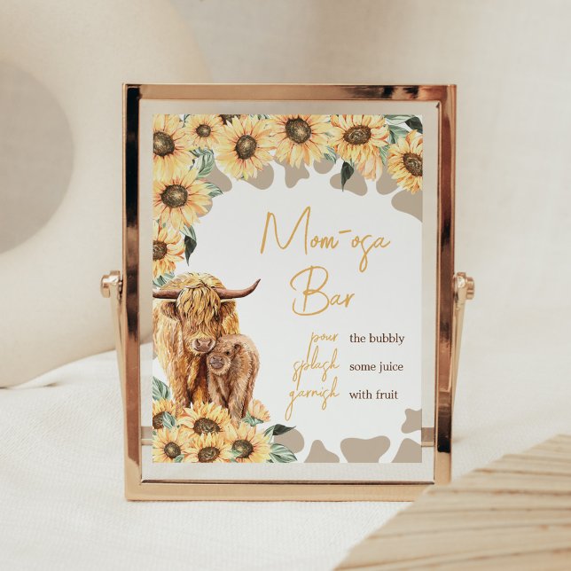 Sunflower Highland Cow Baby Shower Mom Osa Bar Poster (Summer Holy Cow Baby Shower Mom Osa Bar Sign)
