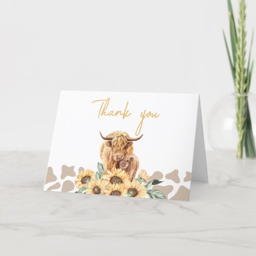 Sunflower Highland Cow Baby Shower  Thank You Card