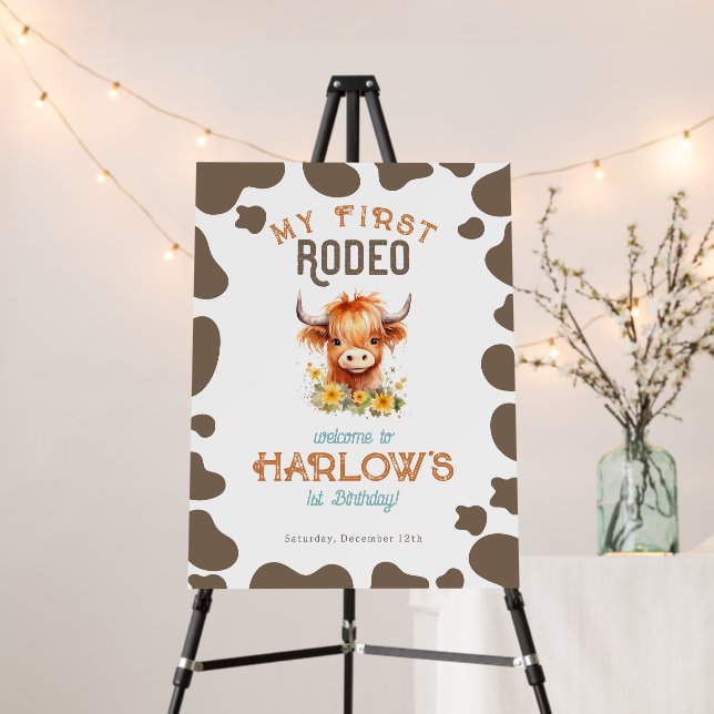 Sunflower Highland Cow My First Rodeo 1st Birthday Foam Board (In Situ (Stand))