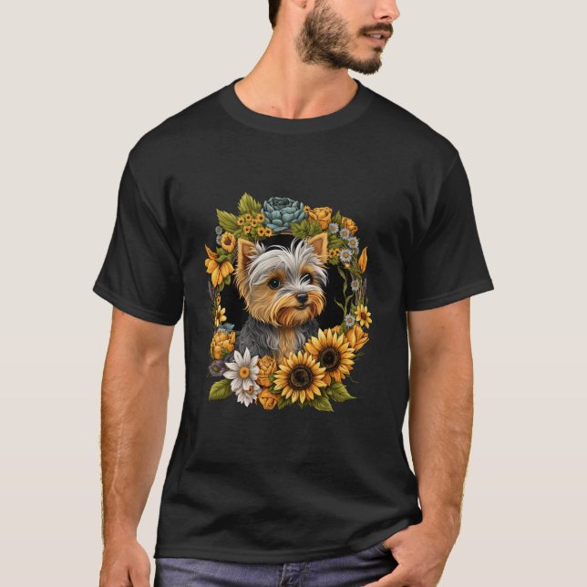 Sunflower Hippie Floral Yorkie Dog T-Shirt (Front)