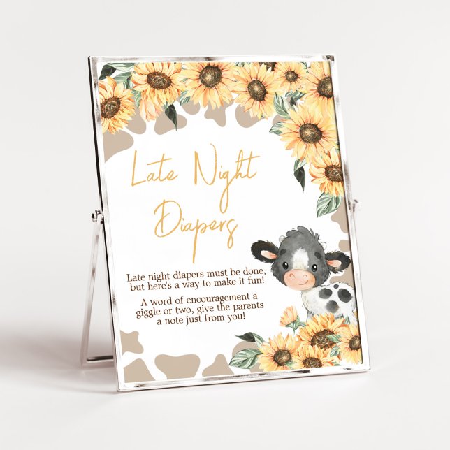Sunflower Holy Cow Baby Shower Late Night Diapers Poster (Summer Highland Cow Baby Shower Late Night Diapers Sign)