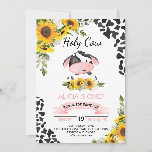 Sunflower Holy Cow Cow Print First Birthday Invitation