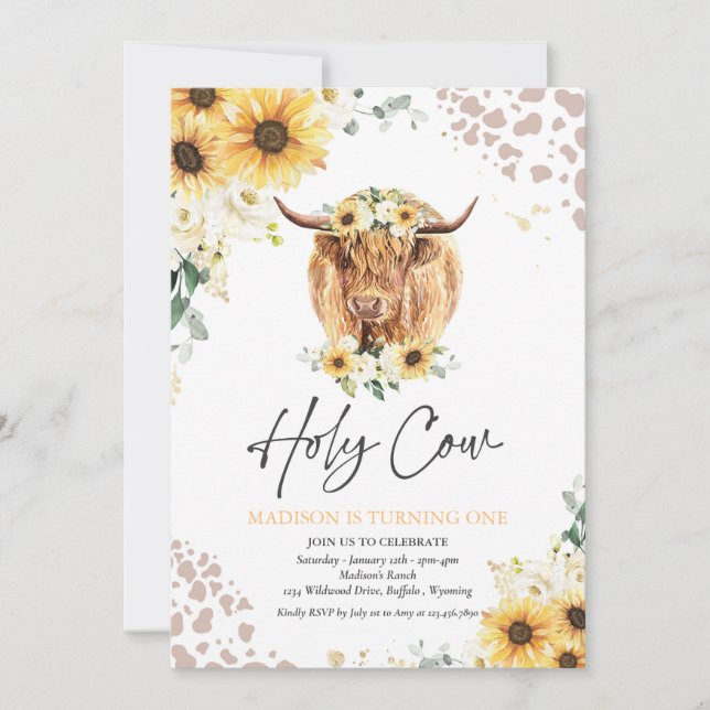 Sunflower Holy Cow I'm One Highland Cow Birthday Invitation (Front)