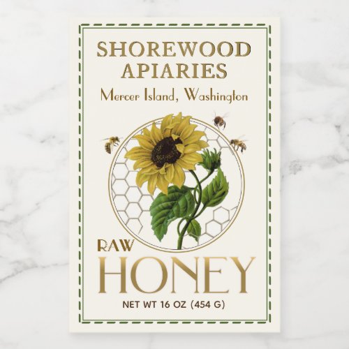 Sunflower Honey 2x3 Realistic Bees Dashed Border Food Label