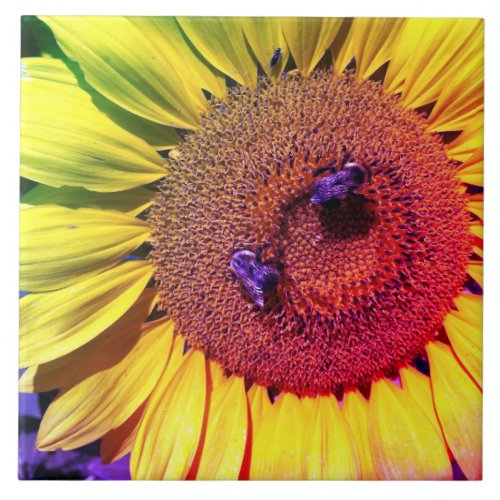 Sunflower Honey Bee Colorful Rainbow Tile